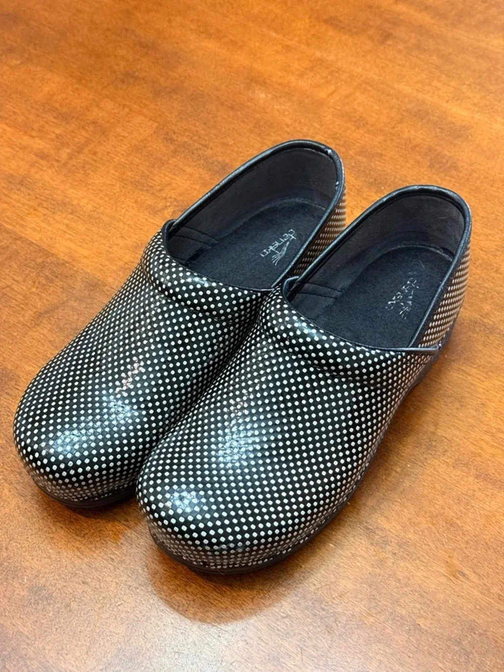 Dansko Pro XP Patent Leather Black and White Polka Dot Clog - Picture 3 of 6